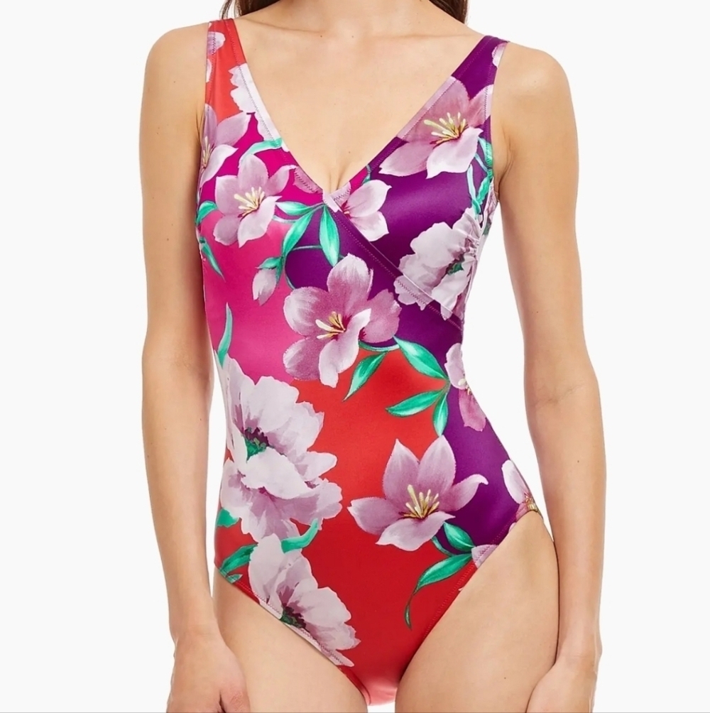 Gottex Women's Multi Floral Bella Rosa Surplice One Piece Swimsuit Size 8